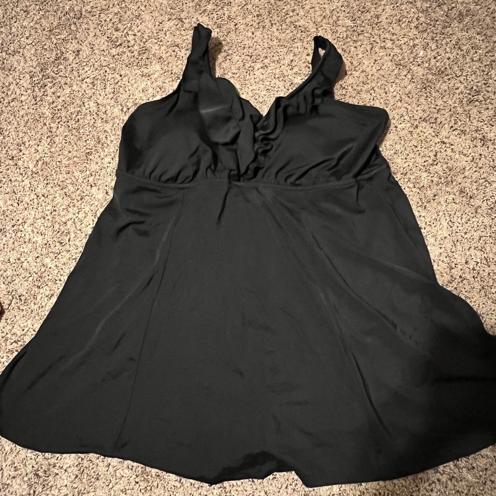 Maxine of Hollywood Black 1 piece bathing suit with ruffles around the neckline
